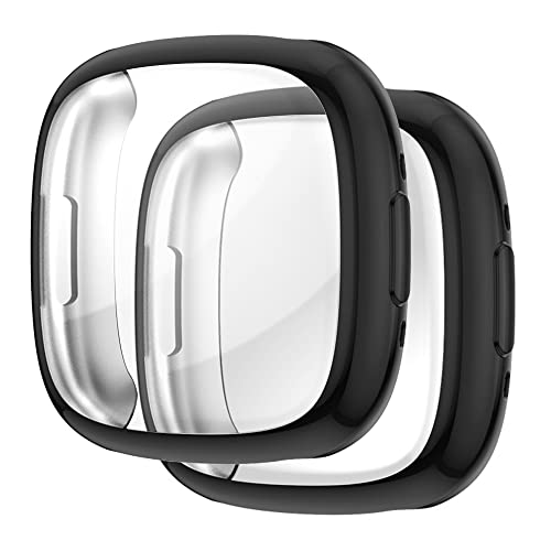 Acadeny [2 Stücke Hülle Kompatibel mit fitbit Versa 4/Sense 2, Schwarz hohe Transparenz Rundum Schutzhülle mit Displayschutzfolie, [Anti-Fleck] [Kratzfest] Ultradünne TPU Schutzhülle für von Pvmn