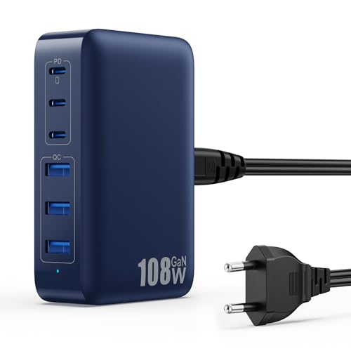 108W USB C Ladegerät Mehrfach, 6 Ports GaN III Schnellladegerät Ladestation mit 3 PD + 3 QC Charger Station, Charger USB Hub C Netzteil für iPhone 16/15 Airpod iPad Sumsung Switch usw von Pxwaxpy