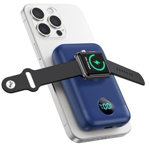 Magnetische Powerbank 10800mAh für MagSafe, 4-in-1 Wireless Power Bank mit i-Watch Ladegerät,QC4.0+PD 22.5W USB C Schnelles Laden Externe Akku mit LED-Display für Apple Watch/iPhone 15/14/13/12 Series von Pxwaxpy