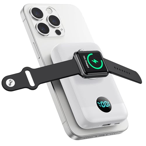 Magnetische Powerbank 10800mAh für Mag-Safe, 4-in-1 Wireless Power Bank mit i-Watch Ladegerät,QC4.0+PD 22.5W USB C Schnelles Laden Externe Akku mit LED-Display für Apple Watch/iPhone 15/14/13/12 Serie von Pxwaxpy