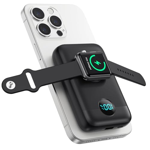Magnetische Powerbank 10800mAh für MagSafe, 4-in-1 Wireless Power Bank mit i-Watch Ladegerät,QC4.0+PD 22.5W USB C Schnelles Laden Externe Akku mit LED-Display für Apple Watch/iPhone 15/14/13/12 Series von Pxwaxpy