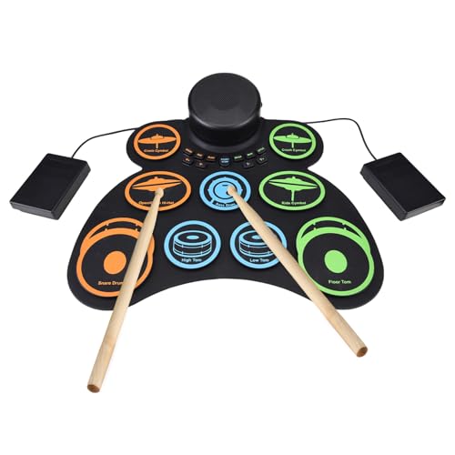 Elektronischer Drum -Set, Roll -Up -Druming -Kit -Maschine mit Drumsticks Fußpedal, 2 Lautsprecher -Schlagzeugpolster 9 Pads Unterstützt Midi Verschiedene Audioverbindung von Pyhodi