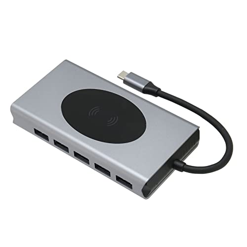 Pyhodi USB-C-Hub, 13-in-1-Dockingstation mit 4K-HDMI, VGA, 5 USB-3.0-Anschlüssen, 3,5-mm-Audio, 1000 M RJ45, 100-W-PD-Ladegerät, 10-W-Wireless-Charging, SD-/Micro-SD-Kartenleser für von Pyhodi