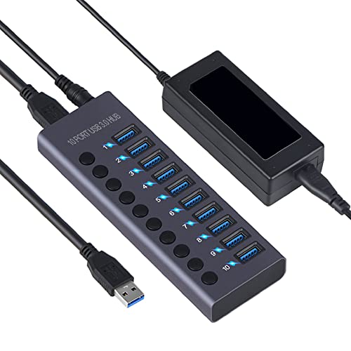 USB-Hub mit Stromversorgung, 10 Ports, USB 3.0-Hub mit Stromversorgung, 60 W, 5 Gbit/s, USB 3.0-Daten-Hub-Splitter mit Individuellen Netzschaltern und LEDs, Inklusive 60 W 12 V/5 (EU-Stecker) von Pyhodi