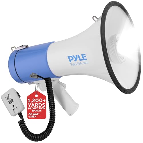 50 Watt Megafon von Pyle - Voice Holder mit integrierter Sirene und LED-Lampe - einstellbare Lautstärke, mit abnehmbarem Mikrofon, batteriebetrieben, für den Aussen- und Innenbereich (PMP51LT) von Pyle