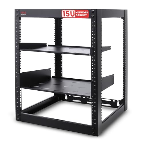 Pyle 15U Open Frame Server Rack - Wandhalterung Netzwerk-Rack für Server, Netzwerke & AV-Geräte - Robuste 48,3 cm (19 Zoll) Ausrüstung, inklusive 1U & 2U belüftete Regale für Luftzirkulation, von Pyle