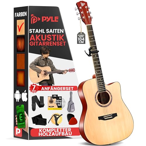 Pyle Cutaway Akustikgitarre-Vollformat Dreadnought Natur Matt-Finish Gitarre, 6 Stahl-Saiten mit Gigbag, Stimmgerät, Ersatzsaiten,Plektren,Gurt,Kapodaster,Für Anfänger,Erwachsene,Kinder - Rechtshänder von Pyle