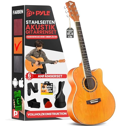 Pyle Akustikgitarren-Set mit Stahlsaiten, 3/4 Juniorgröße, natürliches Lindenholz, mattes Finish, Instrument mit Gigbag, Stimmgerät, extra Saiten, Plektren, Gurt, für Anfänger, Erwachsene von Pyle