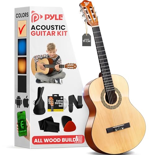 Pyle Klassische Akustikgitarre, 91,4 cm, Junior-Größe 6, Lindenholzgitarre mit Gigbag, Stimmgerät, Nylonsaiten, Plektren, Gurt, für Anfänger, Erwachsene, rechts, natürlich (PGACLS82) von Pyle