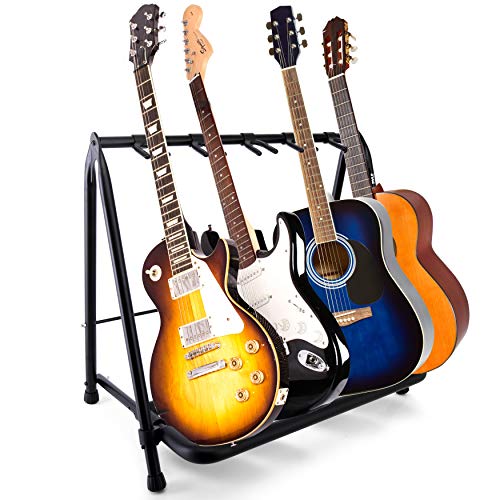 Pyle Faltbarer Universal-Gitarrenständer mit 5 Ständern, tragbar, zusammenklappbar, für Akustik, Elektro, Bass, Gitarre und Gitarre, PGST53, Schwarz von Pyle