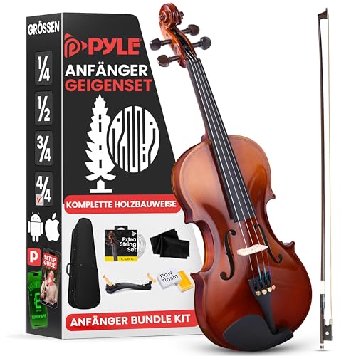 Pyle Geige 4/4 aus Holz – Violine 4/4 geeignet für Geiger – inkl. Geigenkoffer, Stimmgerät, Schulterstütze, Kolophonium, Ersatzsaiten & Bogen – Anfängervioline & Fortgeschrittene um Geige zu lernen von Pyle