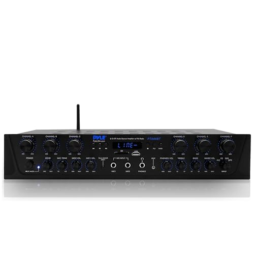 Pyle Kabelloses Heim-Audio-Verstärkersystem – Bluetooth-kompatibler Sound-Stereo-Empfängerverstärker – 6 Kanäle 600 Watt Leistung, digitales LCD, Kopfhöreranschluss, 1/4 Zoll Mikrofon von Pyle