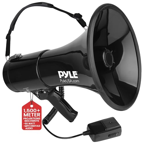 Pyle Megaphon mit Sirene, Signalhorn – Siren Megaphone – Signalhorn, Megafon Erwachsene 50 Watt, Faltbare Megaphone mit Sirene & Mikrofon, Lautstärke Einstellbar & Batteriebetrieben, Reichweite: 1100m von Pyle