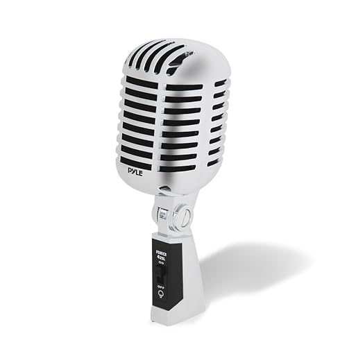 Pyle Mikrofon, Dynamisches Mikrofon, Klassisches Retro Vintage Style- Mic, Gesangmikrofon- mit 4,88 m XLR-Kabel- Kompatibel mit universellem Ständer, Für Live-Auftritte & Studioaufnahmen, Silber von Pyle