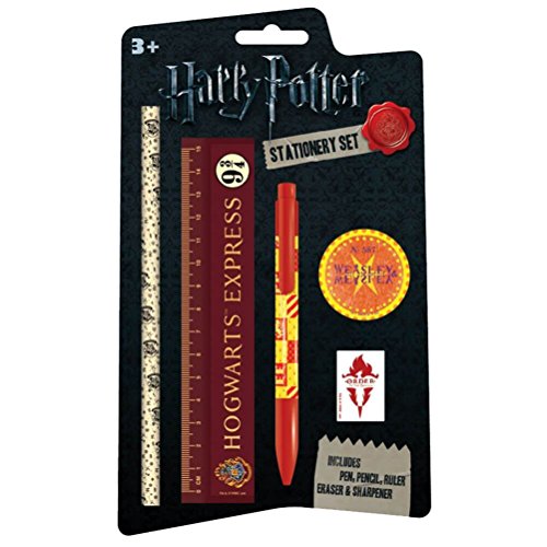 Harry Potter 5-teiliges Schreibwarenset mit folgendem Inhalt: Stift, Bleistift, Lineal, Bleistiftspitzer und Radiergummi (Hogwarts Souvenirs Design) - Offizielles Lizenzprodukt von Pyramid International