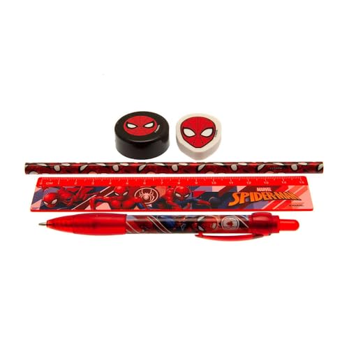 Pyramid Europe Spider-Man 5-tlg. Schreibset - enthält Kugelschreiber, Bleistift, Lineal, Anspitzer, Radiergummi und Federmäppchen (Web Strike Design) - Offizielles Lizenzprodukt von Pyramid International