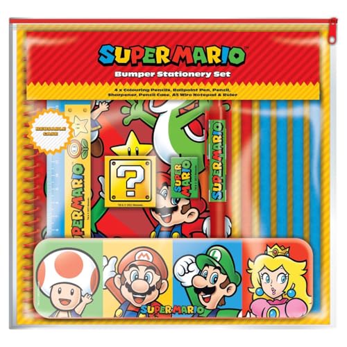 Super Mario Schreibwaren-Set (Colour Block-Design), Geschenk Schreibset mit Notizbuch, Mäppchen, Stiften, Lineal, Anspitzer – offizielles Merchandise von Pyramid International