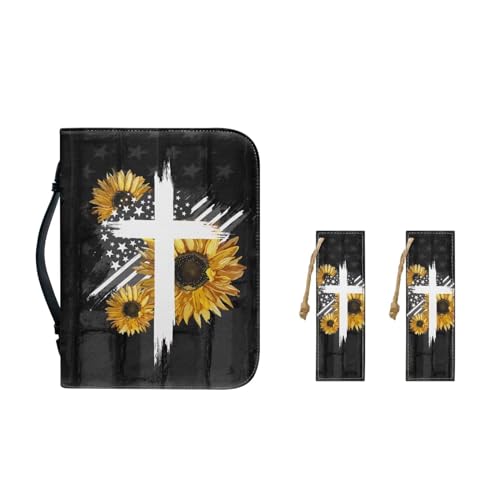 Pzuqiu Bibelhandtasche aus PU-Leder für Frauen und Mädchen, Bibelbuchaufbewahrung, mit robustem Griff und Lesezeichen, M-2XL, Sonnenblumen-Flaggenkreuz, L-10.2"x7"x1.9" von Pzuqiu