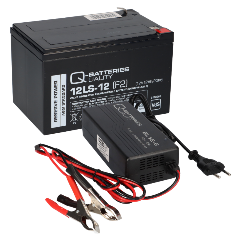 Bleiakku 12V 12Ah + Ladegerät 5A kompatibel 14Ah 15Ah AGM Bleigel QB von Q-Batteries