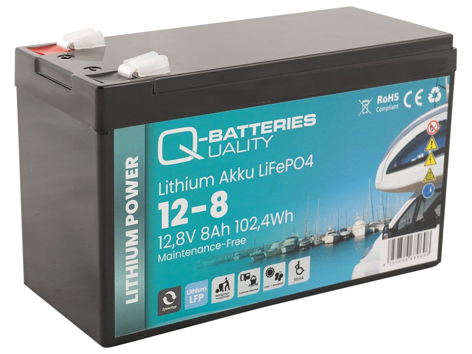 Q-BATTERIES Lithium Akku 12-8 12,8V 8Ah, 102,4Wh LiFePO4 Batterie von Q-Batteries