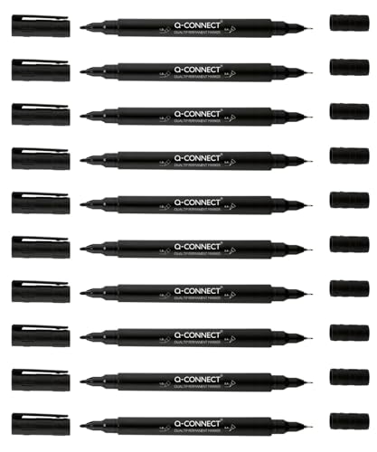 Q-Connect CD DVD BD Marker Doppelspitze/Marker Stift Stärke: mit einer ultrafeinen 0,4 mm Harzspitze und einer 1,0 mm Acrylfeder/Schwarz / 10 Stück - 10er Pack/Wasserfest/Ungiftig von Q-Connect