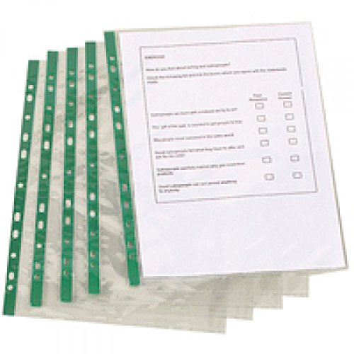 Q-Connect KF01121 Klarsichthüllen mit Lochung 100 Stück Öffnung oben grüner Seitenstreifen transparent von Q-Connect