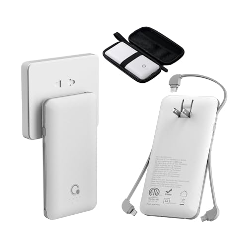 Q Externer Akku 10000 mAh, tragbares Ladegerät, schmales Ladegerät, Externer Akku mit 4 Ausgängen mit integrierter AC Wandsteckdose, Micro USB C 3 Kabel, kompatibel mit iPhone, Samsung, Android von Q