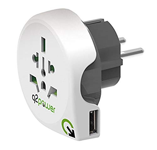 Q2 Power | World to Europe USB | Universal-Reiseadapter mit Erdungsstecker und 1 USB Typ A 2,1 A | Kid Safe Stoßschutz | Spannung und Leistung 100V-1600W / 250V-4000W von Q2 Power