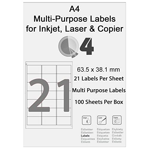 100 x A4 FBA-Etiketten 21 pro Blatt; Packung geeignet für selbstklebende FBA-Produkt-Barcode-Etiketten. Für Inkjet oder Laser. (21 pro Blatt / 100 Blatt) von Q4