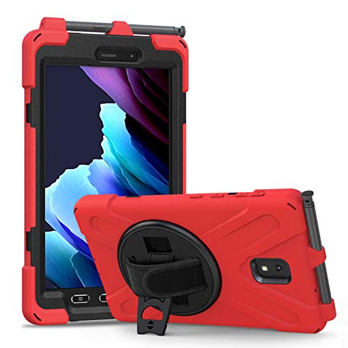 QANG Samsung Galaxy Tab Active 3 8 Zoll T570 T575 T577 Hülle, drei Schichten, robuste Schutzhülle mit Halterung / Handschlaufe für Samsung Galaxy Tab Active 3 8 Zoll T570 T575 T577 (Rot) von QANG