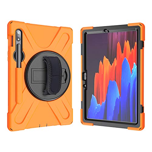 Qangg Schutzhülle für Samsung Galaxy Tab S7 11 T870 T875, 3 Schutzschichten, mit Halterung um 360 Grad drehbar, Handschlaufe, mit Stifthalter für Samsung Galaxy Tab S7 11 T870 T875 (orange) von QANG