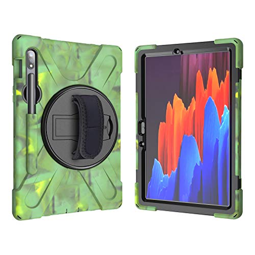 Schutzhülle für Samsung Galaxy Tab S7 11 T870 T875, 3 Schutzschichten, mit Halterung 360 Grad drehbar, Handschlaufe, mit Stifthalter für Samsung Galaxy Tab S7 11 T870 T875 (Camouflage) von QANG