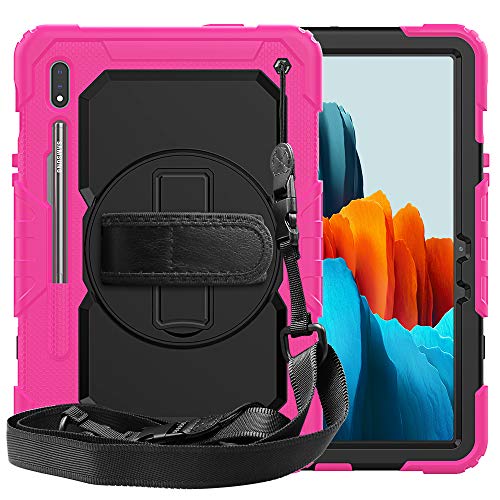 Schutzhülle für Samsung Galaxy Tab S7 11 T870 T875, 3-in-1, Silikon, stoßfest, mit Ständer und Handschlaufe und Schulterriemen, 360 Grad drehbar, für Galaxy Tab S7 11 Zoll (Rosa) A) von QANG