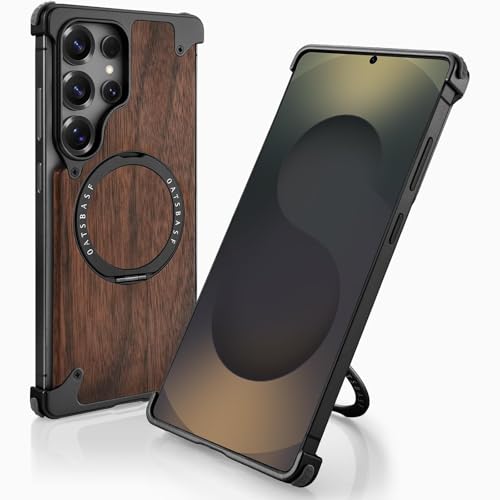 QANXGOG Holz-Schutzhülle für Samsung Galaxy S25 Ultra, [Natürliches Walnuss & Aluminium] Stoßfeste Schutzhülle mit 360°-Ring-Magnetständer (Schwarz) von QANXGOG