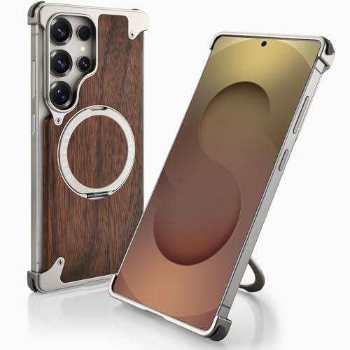 QANXGOG Holz-Schutzhülle für Samsung Galaxy S25 Ultra, [Natürliches Walnuss & Aluminium] Stoßfeste Schutzhülle mit 360°-Ring-Magnetständer (Wüstentitan) von QANXGOG