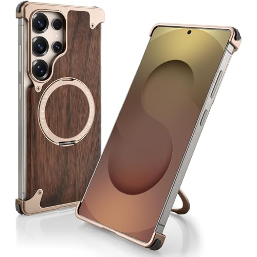 QANXGOG Holz-Schutzhülle für Samsung Galaxy S25 Ultra, [Natürliches Walnuss & Aluminium] Stoßfeste Schutzhülle mit 360°-Ring-Magnetständer (natürliches Titan) von QANXGOG