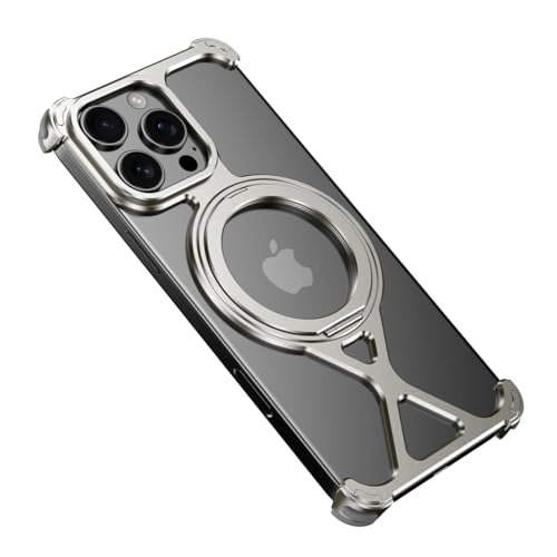 QANXGOG Minimalistische Schutzhülle für iPhone 14 Pro Max/14 Pro, um 360° drehbar, Ständer, Aluminium, Metall, rahmenloses Design, Stoßschutz, stoßfestes Gehäuse (natürliches Titan, 14 Pro) von QANXGOG