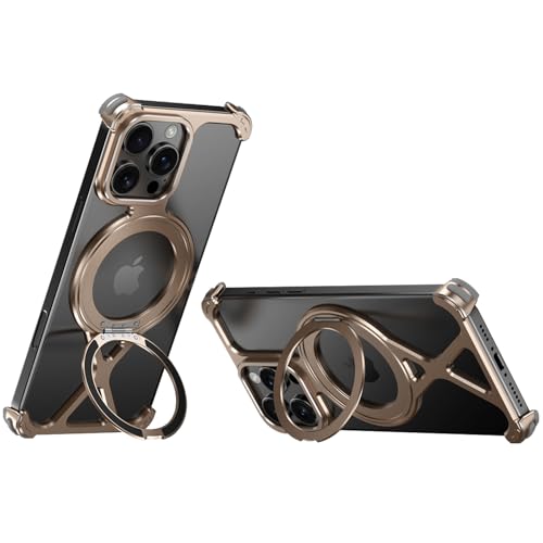 QANXGOG Minimalistische Schutzhülle für iPhone 15 Pro Max/15 Pro, um 360° drehbar, Ständer, Aluminium, Metall, rahmenloses Design, Stoßschutz, stoßfeste Schale (Desert Titan, 15 Pro) von QANXGOG