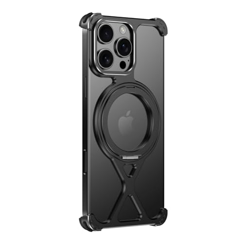 QANXGOG Minimalistische Schutzhülle für iPhone 16 Pro Max/16 Pro, 360° drehbar, Ständer, Aluminium, Metall, rahmenloses Design, Bumper-X-Hülle, schützende stoßfeste Schale (Schwarz, 16 Pro) von QANXGOG
