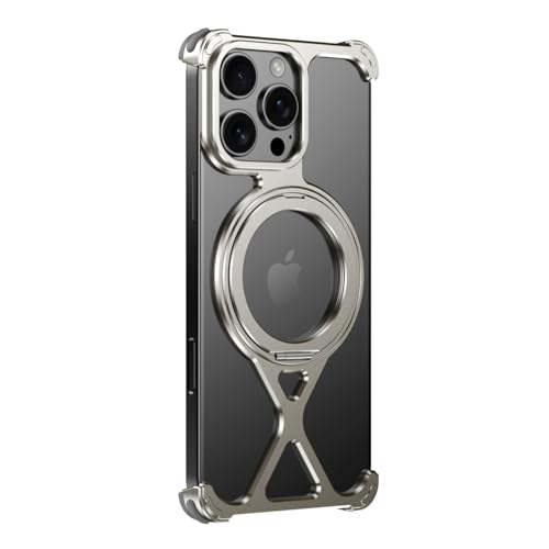 QANXGOG Minimalistische Schutzhülle für iPhone 16 Pro Max/16 Pro, um 360° drehbar, Ständer, Aluminium, Metall, rahmenloses Design, Stoßschutz, stoßfestes Gehäuse (natürliches Titan, 16 Pro) von QANXGOG