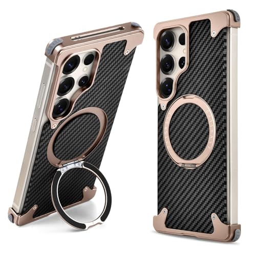 QANXGOG Rahmenlose Metallhülle für Samsung Galaxy S25 Ultra, Kohlefaser-Textur mit stoßfesten Ecken, schlanker, minimalistischer Schutz mit 360° drehbarem Ständer, Desert Titanium von QANXGOG