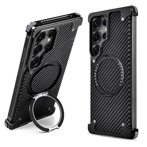 QANXGOG Rahmenlose Metallhülle für Samsung Galaxy S25 Ultra, Kohlefaser-Textur mit stoßfesten Ecken, schlanker, minimalistischer Schutz mit 360° drehbarem Ständer, Schwarz von QANXGOG