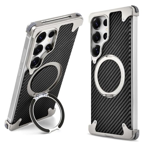 QANXGOG Rahmenlose Metallhülle für Samsung Galaxy S25 Ultra, Kohlefaser-Textur mit stoßfesten Ecken, schlanker, minimalistischer Schutz mit 360° drehbarem Ständer (natürliches Titan) von QANXGOG