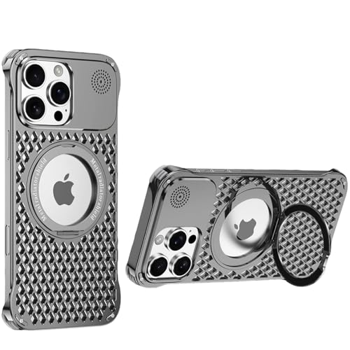 QANXGOG Schutzhülle für iPhone 14 Pro Max/14 Pro/14, Metalllegierung, rahmenloses Design mit Kühlungsschlitzen und 360° drehbarem Ständer, kompatibel mit MagSafe (Grau, 14 Pro) von QANXGOG
