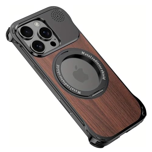 QANXGOG Schutzhülle für iPhone 15 Pro Max/15 Pro/15, Aluminium-Metall, rahmenlose Holzrückseite, schlanke Passform, mit 360° drehbarem Ständer, kompatibel mit MagSafe (Schwarz, 15 Pro Max) von QANXGOG