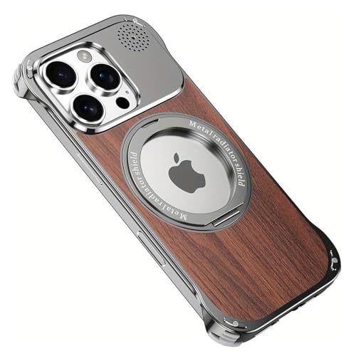 QANXGOG Schutzhülle für iPhone 15 Pro Max/15 Pro/15, Aluminium-Metall, rahmenlose Holzrückseite, schmale Passform, mit 360° drehbarem Ständer, kompatibel mit MagSafe (Grau, 15 Pro Max) von QANXGOG