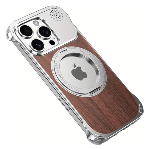 QANXGOG Schutzhülle für iPhone 16 Pro Max/16 Pro/16, Aluminium-Metall, rahmenlose Holzrückseite, schlanke Passform, mit 360° drehbarem Ständer, kompatibel mit MagSafe (Silber, 16 Pro) von QANXGOG