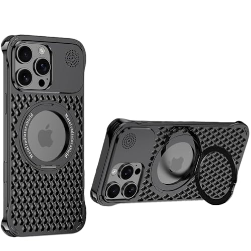 QANXGOG Schutzhülle für iPhone 16 Pro Max/16 Pro/16, Metalllegierung, rahmenloses Design mit Kühlungsschlitzen und 360° drehbarem Ständer, kompatibel mit MagSafe (Schwarz, 16 Pro Max) von QANXGOG