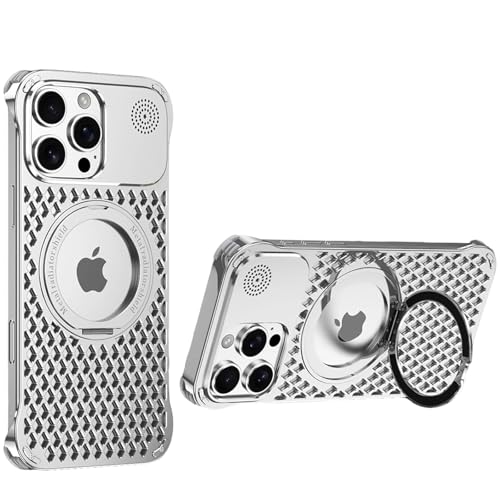 QANXGOG Schutzhülle für iPhone 16 Pro Max/16 Pro/16, Metalllegierung, rahmenloses Design mit Kühlungsschlitzen und 360° drehbarem Ständer, kompatibel mit MagSafe (Silber, 16 Pro Max) von QANXGOG