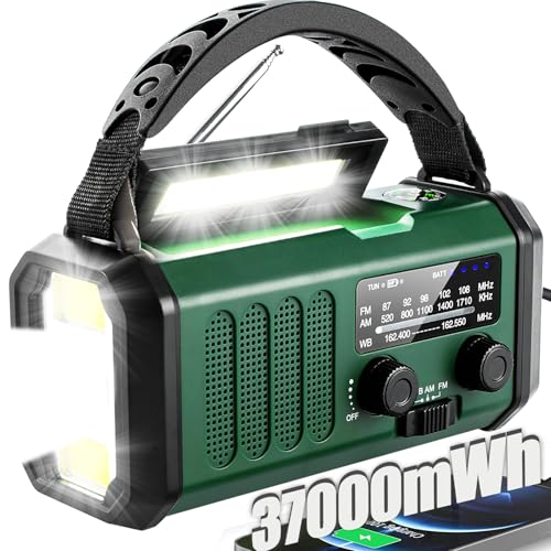 Notfunkgerät mit Handkurbel, 37000 mWh, solarbetriebenes Handkurbel, tragbares Radio, NOAA AM FM Wetterradio mit 3 Modi-Taschenlampe und Leselicht, Handy-Ladegerät, Heim- und Notfall-Notsignal von QAUYYW